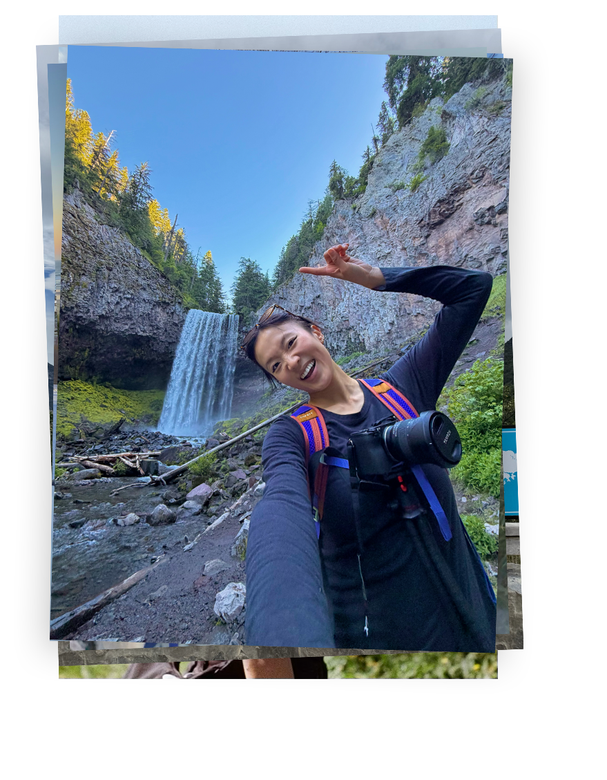 Catherine hiking to a waterfall